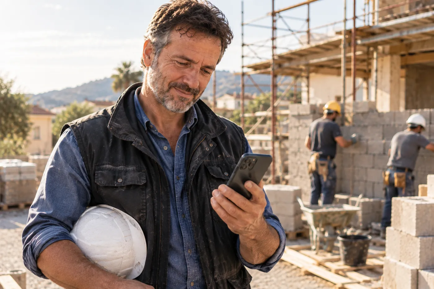Un imprenditore edile in cantiere, casco sotto il braccio, guarda il telefono sorridendo mentre due operai alzano un muro
